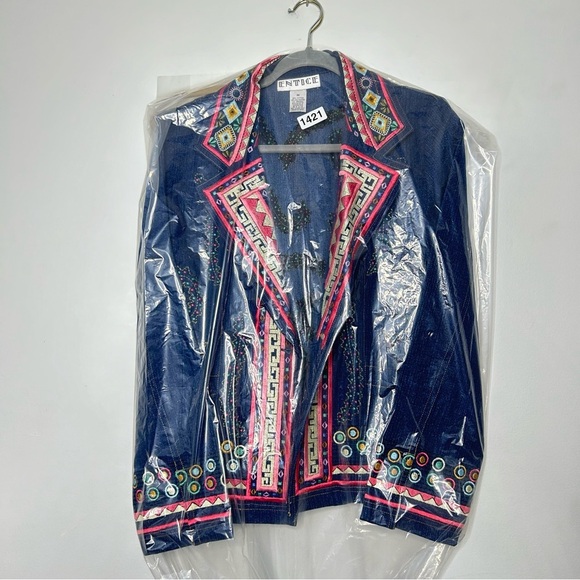 Vintage Y2K Entice Embroidered Dark Blue Denim Jean Jacket Blazer Hippie Medium - Picture 16 of 16